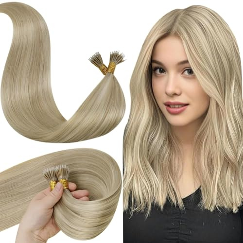 LaaVoo Nanoring Extensions Echthaar Blond Extensions Echthaar Nanoring Goldblond mit Blond Nanoring Hair Extensions 35cm Nano Ringe Haare Extensions Nano Extensions 50g #16/22