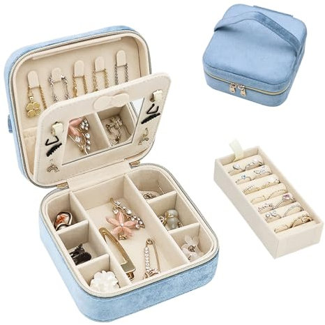 Boxudeli Travel Jewellery Box, Square Plus Size Velvet Travel Jewellery Case, Small Jewellery Box for Women, Portable Jewellery Organiser for Rings Earrings Necklaces Bracelets (Misty blue)