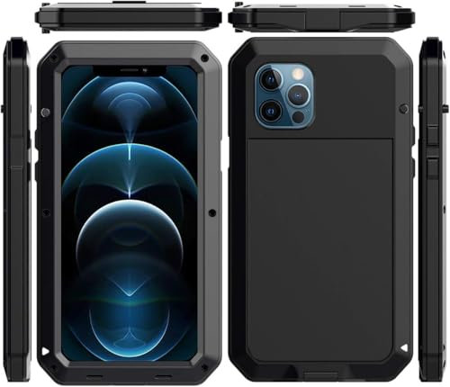 Pritify Heavy Duty Metal Case for iPhone 12 Pro Max Shockproof Tough Rugged Case with Built-in Glass Screen Protector, 360 Full Body Dustproof Protective Cover Compatible Wireless Charging | Black