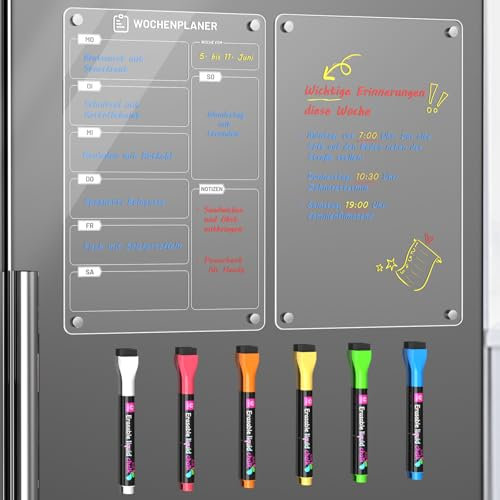 Langaelex 2er Set Wochenplaner Abwischbar A4 (30 x 20cm) - Magnettafel Kühlschrank Acryl mit 6 Kreidemarkern für To-do Listen, Menüplanung und Einkaufsliste - Deutsch