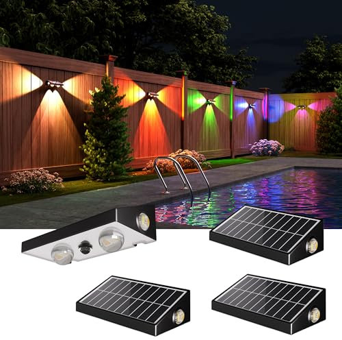 JACKYLED Solar Wandleuchte Aussen – 3-Wege RGBCW Linsen-LED | Solarlampen Für Außen, 10 Modi, 50LM, Dämmerung bis Morgengrauen Auto EIN/AUS, IP65 Wasserdicht, für Wand, Garten & Hinterhof, 4 Stück