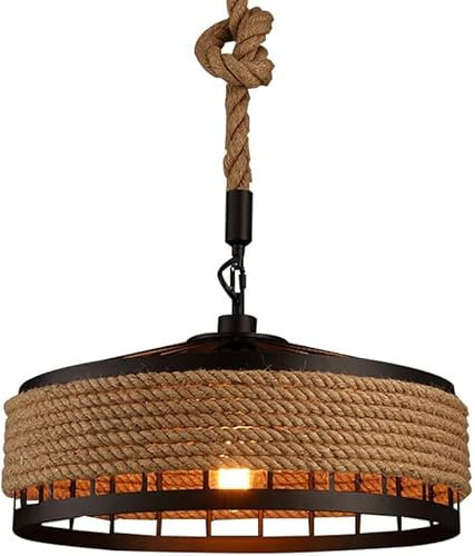 Rustic Pendant Light, Hemp Rope Drum Shade, Industrial Farmhouse Ceiling Lamp, 30 cm Diameter,for Restaurant Bar Barn Garage