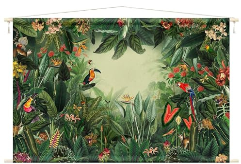 micasia Wandteppich Kunstdruck Stoffbild inkl. Holzstäbe & Seile Wanddeko - Made in Germany - Dschungel Tropisch bunt Wohnzimmer Schlafzimmer Wandbehang 1848 (185x125cm)