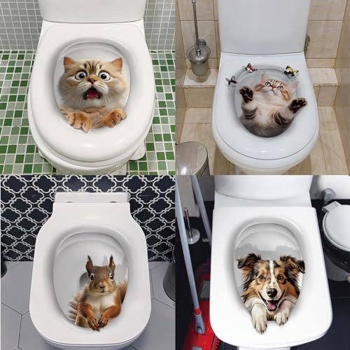 PIMXL Stickers Abattant WC, Lot de 4 Stickers Toilette avec des Animaux Mignons, Muraux De Salle De Bains Étanche Amovible Mur Animal Affiche De Voiture, Autocollant 3d En Forme De Chat Mignon