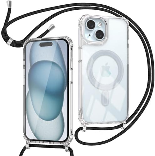 ZYIMOU für iPhone 15 Hülle mit Band Kompatibel mit MagSafe, Transparent Magnetische Handyhülle mit Kordel zum Umhängen Handyband Stossfest Schutzhülle,Kette Schwarz