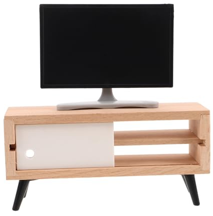 Beaupretty Miniature Dollhouse Tv and White Cabinet Set for Dollhouse Furniture Accessories, 1:12 Scale Living Room and Bedroom Pretend Television Decoration Model