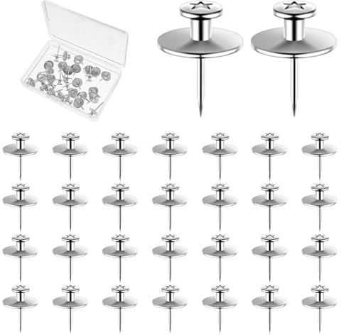 30 PCS Thumbtacks for Hanging Double Headed Picture Hanging Nails Metal Silver Small Photo Hang Hook Pins Heavy Duty Long Tacks Wall Hooks for Bulletin Board Poster Pins Home Office Map Decor