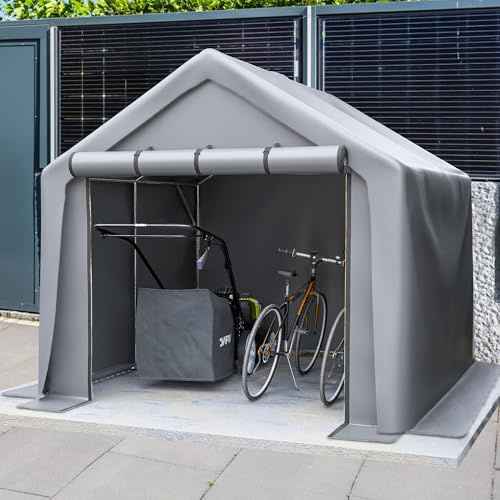 Fahrradgarage für 4 Fahrräder, Geräteschuppen XXL Metall Winterfest 244x241x217cm, Garagenzelt mit Rolltor, Stahlrahmen, Dunkelgrau, Großes Lagerzelt