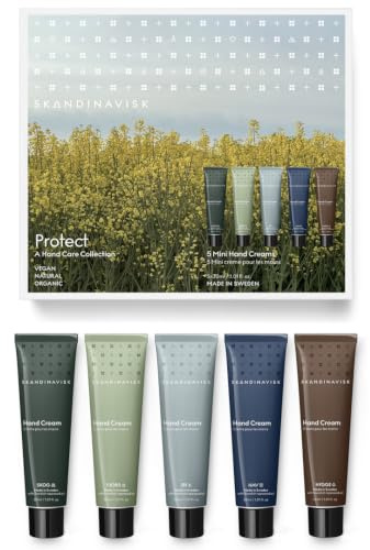 SKANDINAVISK PROTECT Geschenkset mit 5 Mini-Handcremes. FJORD, ØY „Island“, SKOG „Forest“, HAV „Sea“ und HYGGE „Cosiness“. Vegane Formel, 5 × 30 ml.