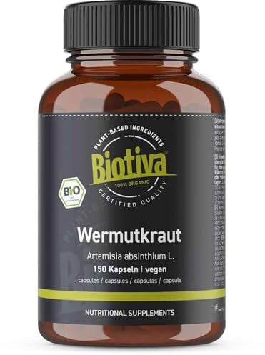 Biotiva Wermutkraut Kapseln Bio 150 Stück - 400mg - Wermut - Garantiert ohne Zusatzstoffe - Abgefüllt und kontrolliert in Deutschland (DE-ÖKO-005)