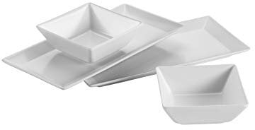 MÄSER 931363 Platos rectangulares y 2 Cuencos Cuadrados en Blanco, Juego de vajilla de Porcelana para 2 Personas