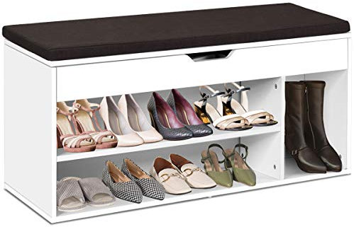 GOPLUS Schuhbank mit Sitzfläche, Schuhtruhe mit Stauraum & 3 offenen Ablagen, Stauraum unter der Sitzfläche, Schuhregal Sitzbank Schuhschrank Truhenbank für Wohnzimmer, Flur, 104 x 30 x 48 cm (Weiß)