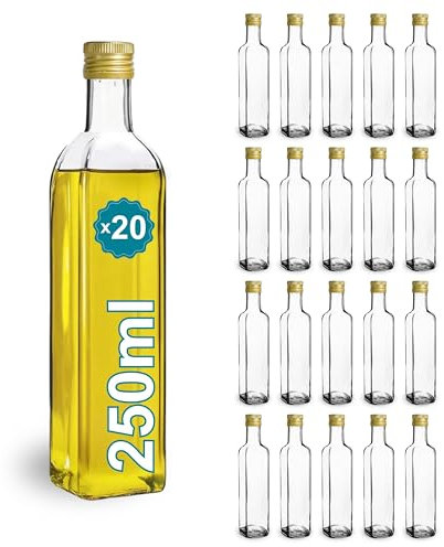 Espirito Rebelde 20 Bouteilles en Verre 250ml avec Bouchon a Vis Doré | Huile d'Olive, Vinaigre, Alcool | Huilier en Verre, Récipient en Verre, Bouteille D'Huile