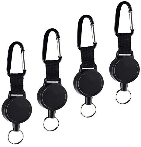 Porte Badge Enrouleur Rétractable Robuste - (4 pièces Noir) Avec Corde en Fil D'acier de 27 Inch, Porte Clef Extensible, Mousqueton