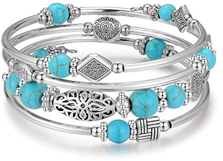 BULINLIN Beaded Silver Bangle Wrap Bracelet for Her, Layered Bohemian Bracelets with Natural Stone, Jewellery Gifts for Women Ladies(Turquoise)