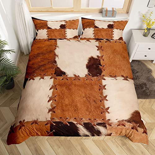 richhome Rindsleder-Patchwork Bettwäsche-Set,Bauernhaus-Viehhaut Bettwäsche Set 135x200cm,Nähen von Kuhfellen Betten Set für Kinder Jungen Mädchen Teenager 2St.Reißverschluss Mikrofaser