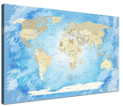 LANA KK - Premium Pinnwand Weltkarte - Frozen - Deutsch - in 200 x 130 cm, stabile Rückwand zum Pinnen inkl. Starterkit - Leinwand-Kunstdruck Wandbild Landkarte XXL