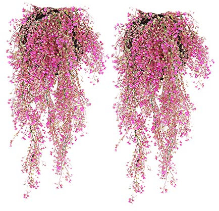 Jingying 2 Stücke Künstlich Hängen Pflanzen, Künstliche Blume aus Plastik, Dekoratives hängendes Rattan, für Wohnzimmer, Balkon und Schlafzimmer (Rosenrot)