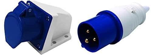 Electraline 80868, Prise industrielle Murale inclinée, 32A, 2P + T, 380V, IP44, Bleu & 80855 Fiche électrique industrielle, IEC, 16A, 2P+E, 220V, IP44, Bleu