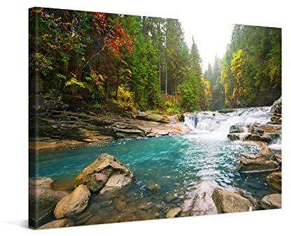 PICANOVA – Bosque Río Cascada 60x40cm – Cuadro sobre Lienzo – Imagen Impresión Montado sobre Marco De Madera – Cuadro Decoración Moderno para Salón o Dormitorio – Colección Bosque