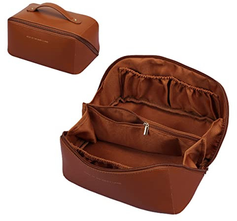 Kosmetiktasche aus PU-Leder für Damen, wasserdicht, Kulturbeutel, Organizer, Aufbewahrungstasche mit Griff und Trennwand, große Kapazität, Reise-Kosmetiktasche, braun