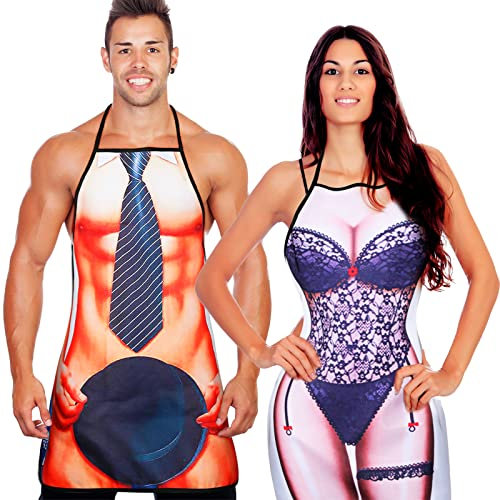 2 Stück Lustige Schürze Geschenke Set für Herren Damen Neuheit Grillschürze Muskel Kochschürze Verstellbar Wasserdichte Küchenschürze Weihnachten BBQ Party Erwachsene Paare (Spitzen Stil)
