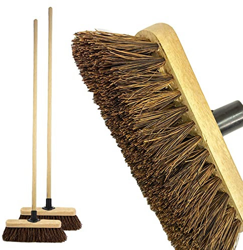 LSC 10” Broom Outdoor Yard Broom Stiff Sweeping Brush with Wooden Handle Natural Bassine Hard Bristles Garden Brooms for Cleaning Gardens Yards Driveways Warehouse (PACK OF 2)