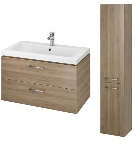 BAD LAND Badmöbel Komplett-Set Lara Como 50 Nussbaum Waschbecken-Unterschrank 50cm mit Hochschrank 150cm, Keramikwaschbecken, Badezimmermöbel 2-Schubladen, Hochhängeschrank mit 2-Türen