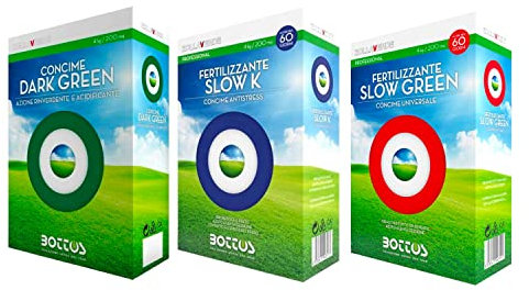 Bottos, Kit FCI, I 3 del Prato Verde, Dark Green da Kg.4 per rinverdire il tuo prato, Slow K da kg.4 concime antistress per prato, Slow Green da kg.4 concime universale, per 200 mq. di prato