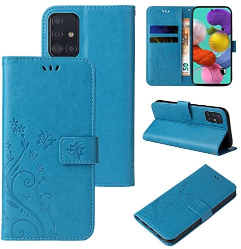 LBH Handy Hülle für Samsung Galaxy A51 Case Handytasche Schmetterling Blumen Flower Standfunktion Schutzhülle Magnet Rundum Schutz 360 Grad Flipcase Cover Blau