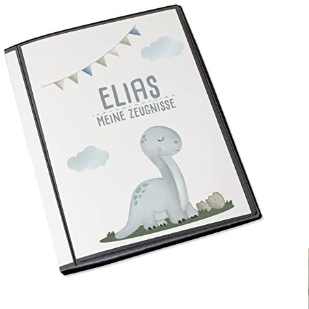 Personalisierte Zeugnismappe Kinder - Personalisiertes Geschenk zur Einschulung - inkl. 20 Klarsichthüllen DIN A4 - Zeugnismappe Mädchen - Zeugnismappe Junge - hellomini (Grauer Dino)