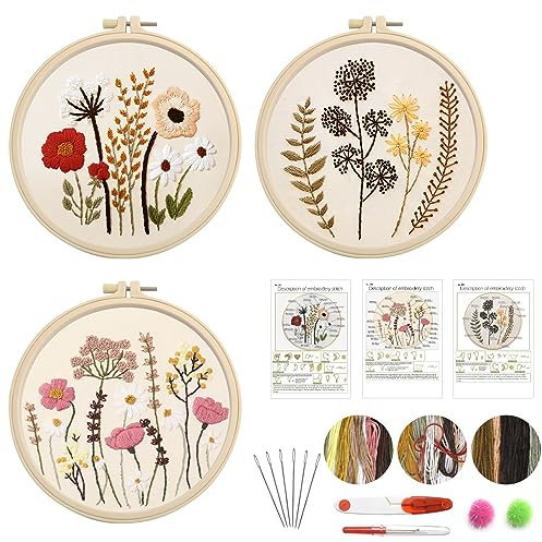 HENGBIRD Stickerei Set Anfänger, Blumenmuster Pflanzen Kreuzstich-Kit Starter Tools mit 3 Stück Stickrahmen, Farbfäden und Werkzeuge, Muster und Anleitung Kreuzstich Kit, für DIY Kunst, Handwerk
