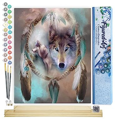 Figured'Art Peinture par Numéro Adulte Loups et Plumes - Activité Manuelle Kit de Loisir Créatif DIY Numéro d'Art Complet - 40x50cm avec châssis en bois à monter