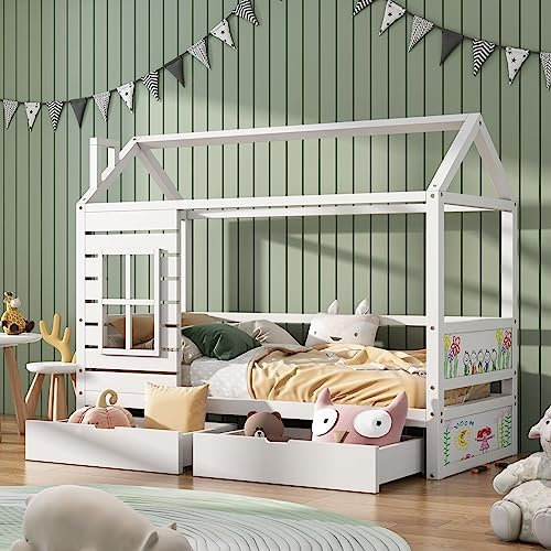 Daesar Kinderbett Hausbett 90x200 mit Rausfallschutz, Massivholz mit Schubladen und Lattenrost, Modern Hausbett Weiß für Kinder Mädchen