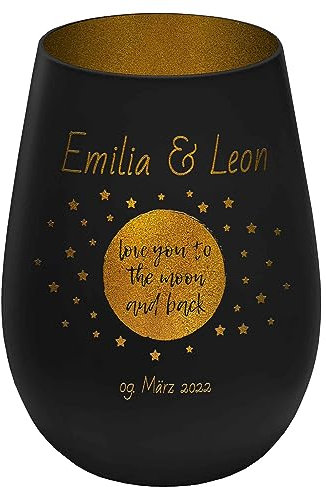 mtb more energy Windlicht mit Gravur Love für Paare - Außen Schwarz/Innen Gold - personalisierbar - Verschiedene Motive auswählbar - Höhe 12 cm - Geschenk Teelichthalter Liebe