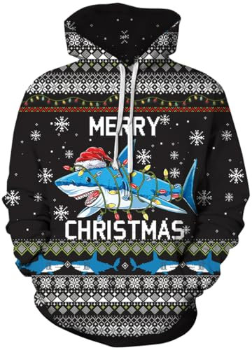PADOLA Weihnachts Hoodie Herren 3D Druck Weihnachtspullover mit Tasche Casual Weihnachtspulli Christmas Hoodie X-Mas Sweatshirt Halloween Weihnachten Christmas Motiv (Haifisch Lämpchen, L)