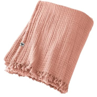 Mylittlebed Plaid Gaze de Coton Collection Gaïa L’Effet Papillon - Dessus de lit à Franges pour Chambre & Salon [ Edredon Couvre lit ] (Rose Pêche, 130 x 160 CM)