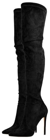 blingqueen Stivali da donna sopra il ginocchio con tacco alto elasticizzato, Velluto nero, 42 EU