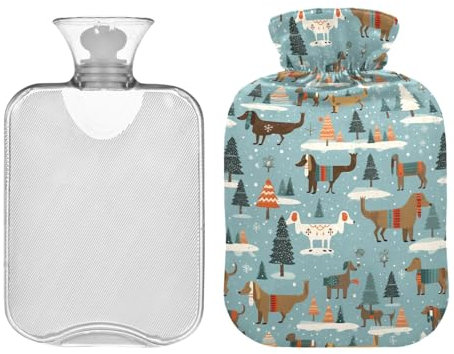 Christmas Dachshunds Classic Hot Water Bottle with Cover 1L Reusable Hot Water Bag Warm Water Bag Pouch for Tummy Cramps Neck and Shoulder Waist Pain Relief
