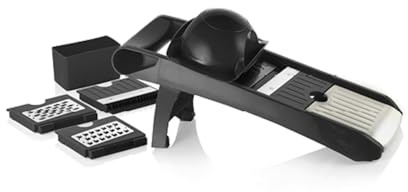 Qdesign - Mandoline Multifonction 3 Lames Acier Inoxydable - Coupe-Légumes de Cuisine pour Découper, Émincer, Râper - Convient au Lave-Vaisselle - Noir/Argenté