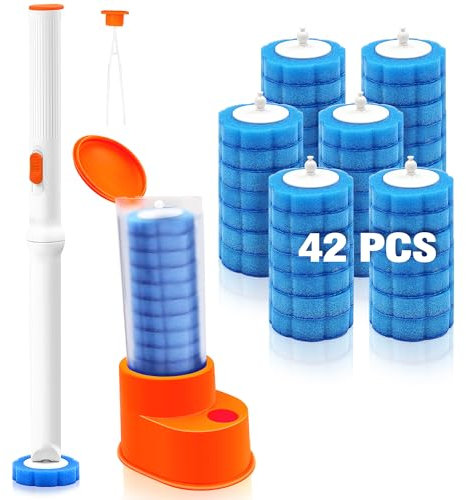 JEHONN Escobilla Baño Desechable WC con Pinzas, Cepillo para Inodoro con 42 Rellenos de Detergente, Toilet Brush Mango Largo, Adecuado para Piscina Fregona Lavabo (Naranja)