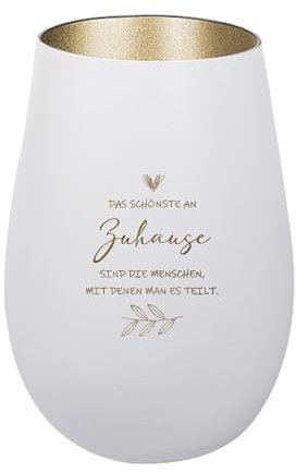 Der-Porzellan-Laden Windlicht mit Gravur Das schönste an Zuhause, Weiß Gold, Teelichthalter aus Glas mit Spruch, Tischdeko modern