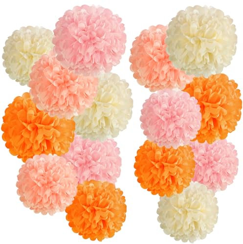 SUNBEAUTY 15 Pcs Tissue Paper Pom Poms Orange Pink Party Decorations Hanging Orange Tissue Paper Flowers for Wedding Birthday Baby Shower Prom Garden Boho Party Home Backdrop