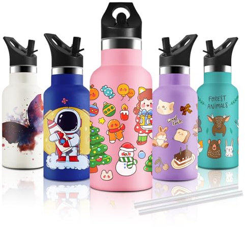 KollyKolla Gourde Isotherme Enfant, Gourde Inox 350ml, Impression 3D Gourde Isotherme Petite, Sans BPA, Gourde Reutilisable, Bouteille Isotherme avec Paille pour Enfant, Adultes, Sport, Bureau
