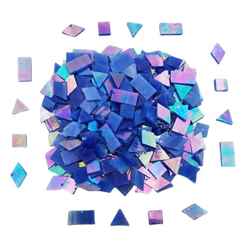 200 g schillernde Glasmosaikfliesen, 270 Stück, 4 Formen, gemischte Buntglasstücke, Zubehör für Mosais, quadratisch/dreieckig/rechteckig/rautenfarben (Saphirblau)