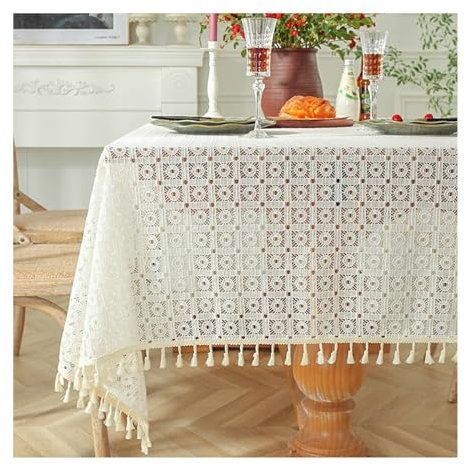 BCughia Tischdecke 150x150 Beige, Tischdecken Wasserabweisend Quadratisch Polyester Baumwolle Hohl Spitze mit Quasten Tischbedeckung für Küche Esstisch Dekoration