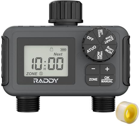 Raddy WS-5 - Ordenador de Riego Con 2 Salidas y Temporizador Para Manguera de Jardín, Retardo de Lluvia, Modo Manual y Automático