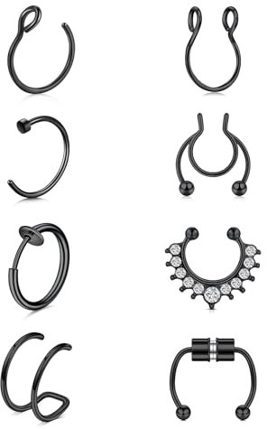 JFORYOU 8 Pièces Acier Inoxydable Faux Anneau Bague de Nez Non piercé False Magnétique Septum Lip Tragus Boucle d'oreille Noir Bijoux de Piercing