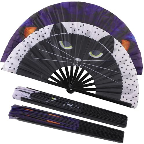 Plzoslly 2 Pack Large Folding Hand Fan for Men/Women, Rave Clack Handheld Fan, Boots on the Ground Fan for Line Dance, Disco Party, Beach, Dancing, Gift(Cat&Owl)