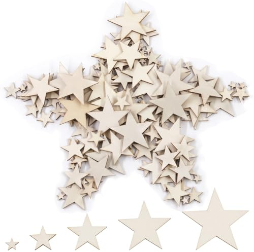Swpeet Wood Cutout 300P 5 Größen Unfinished Wood Star Cutouts Sortiment Kit, leere hölzerne Sterne Scheiben, hölzerne Stern Ornamente, hölzerne Stern geformte Verzierungen Scheiben für Handwerk